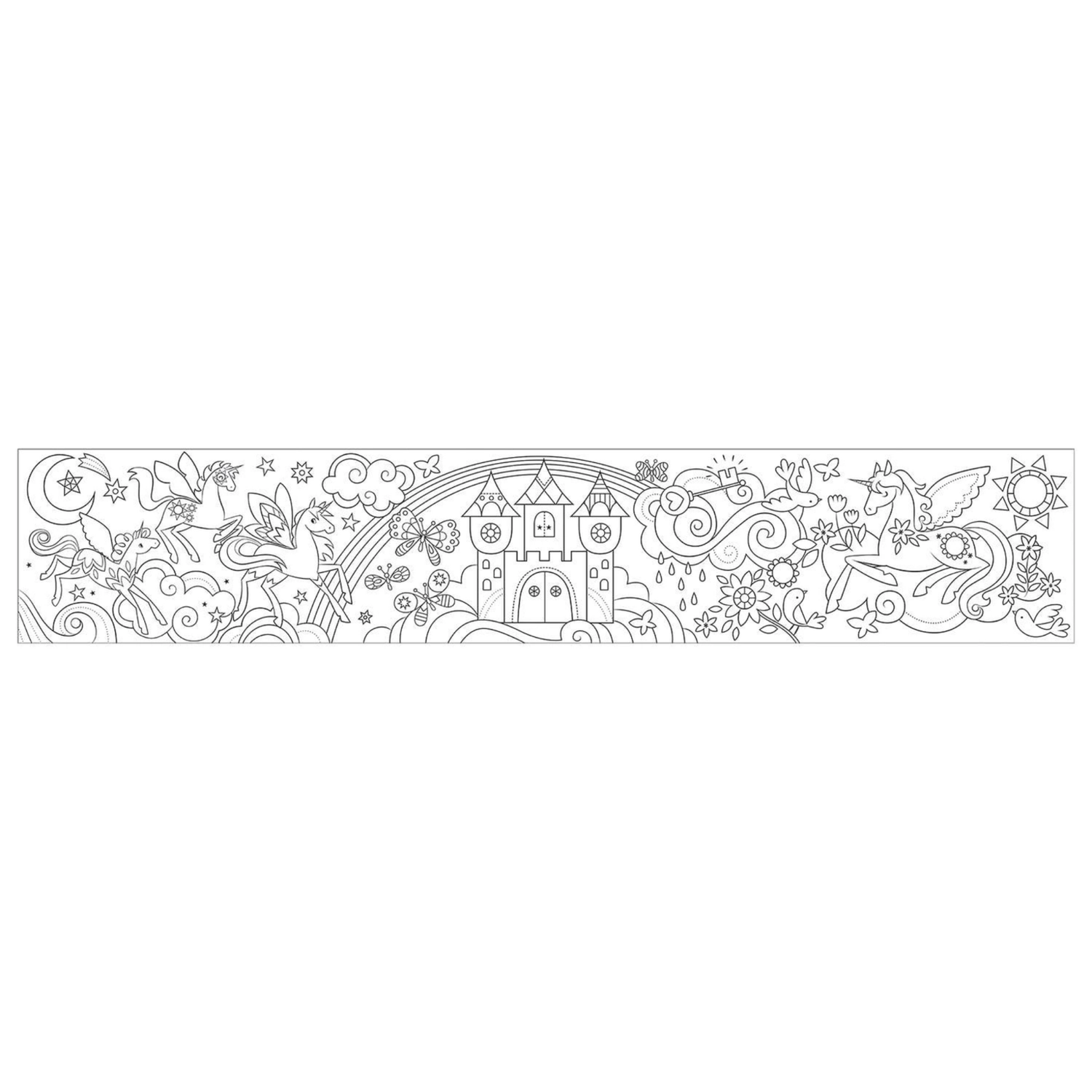 Decorative border with castle, rainbow, and flowers on a white background
