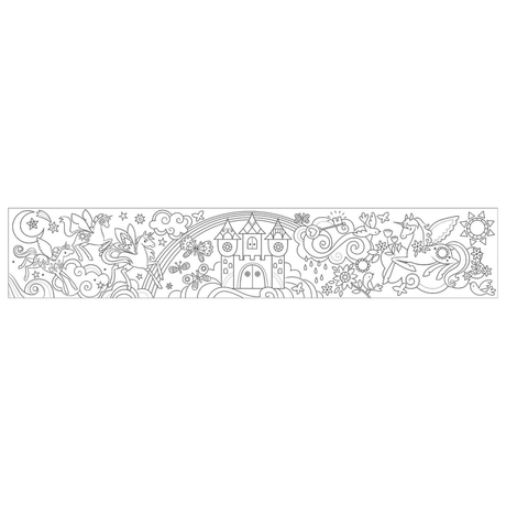 Decorative border with castle, rainbow, and flowers on a white background