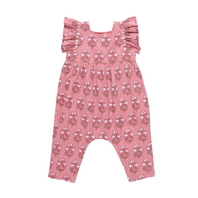 Pink floral baby romper on a white background