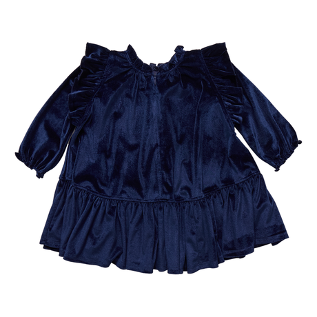 long sleeve navy velvet dress on white background