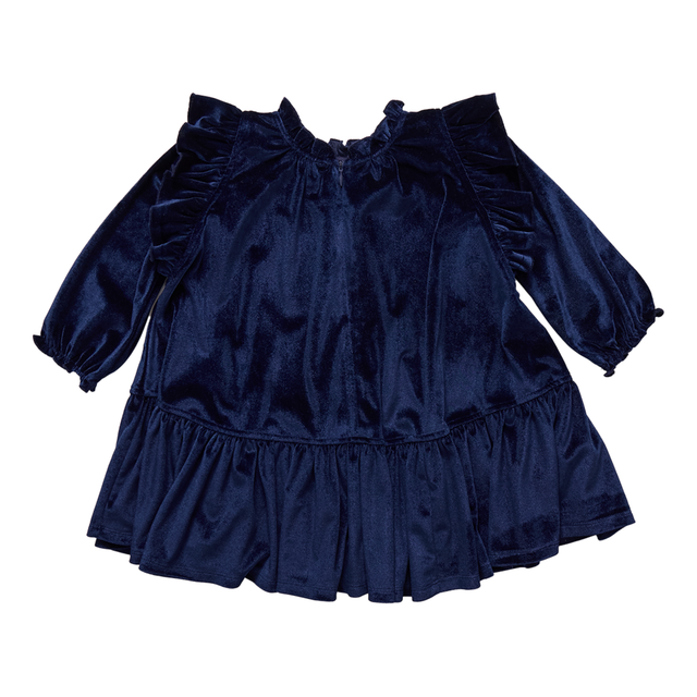 long sleeve navy velvet dress on white background