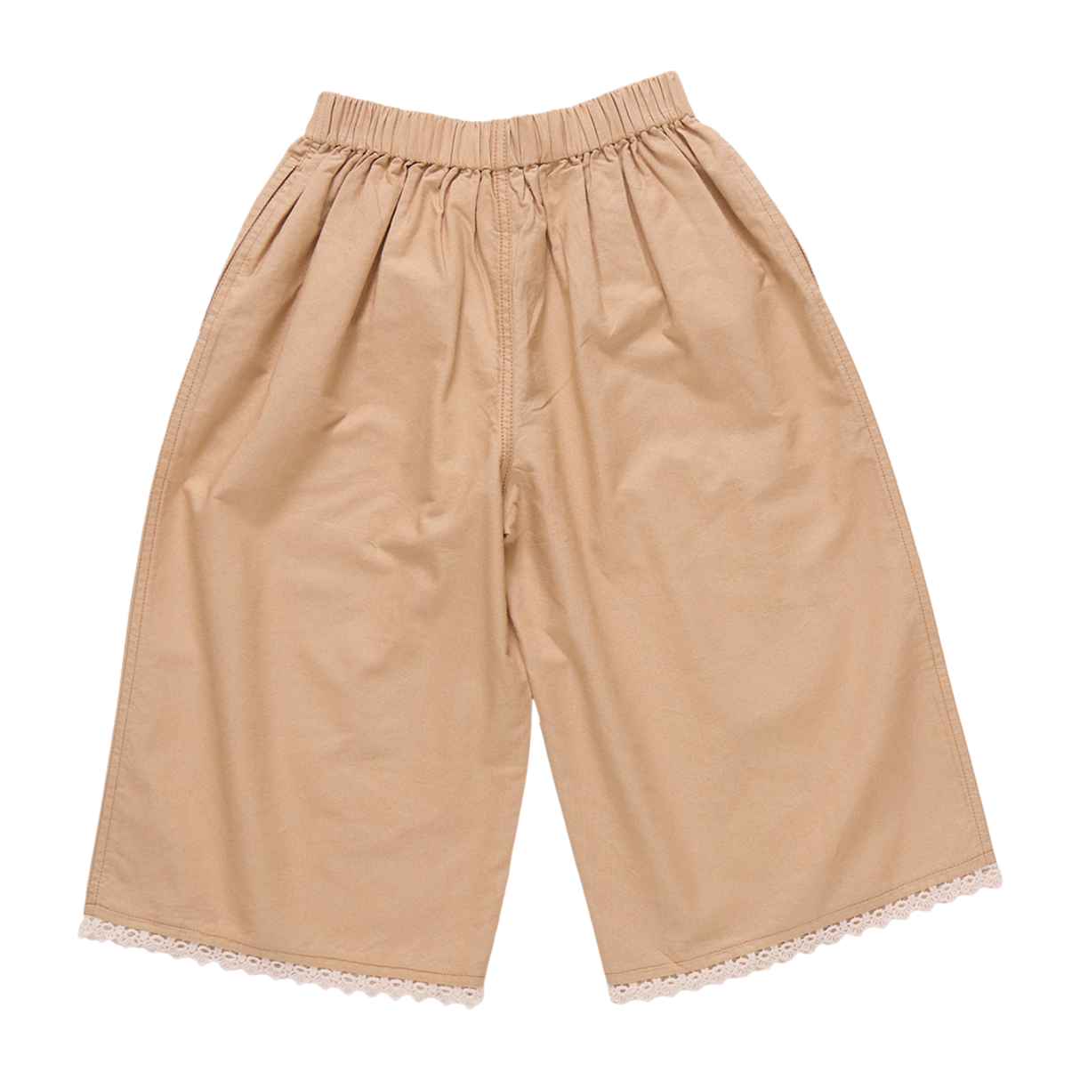 Beige wide-leg pants with lace trim on a white background