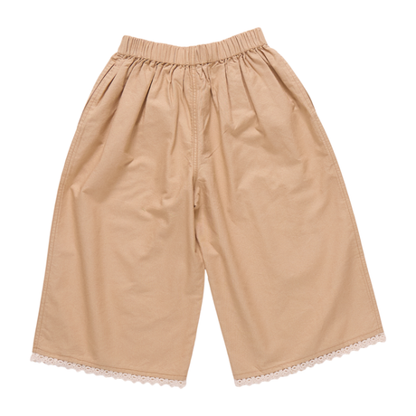 Beige wide-leg pants with lace trim on a white background