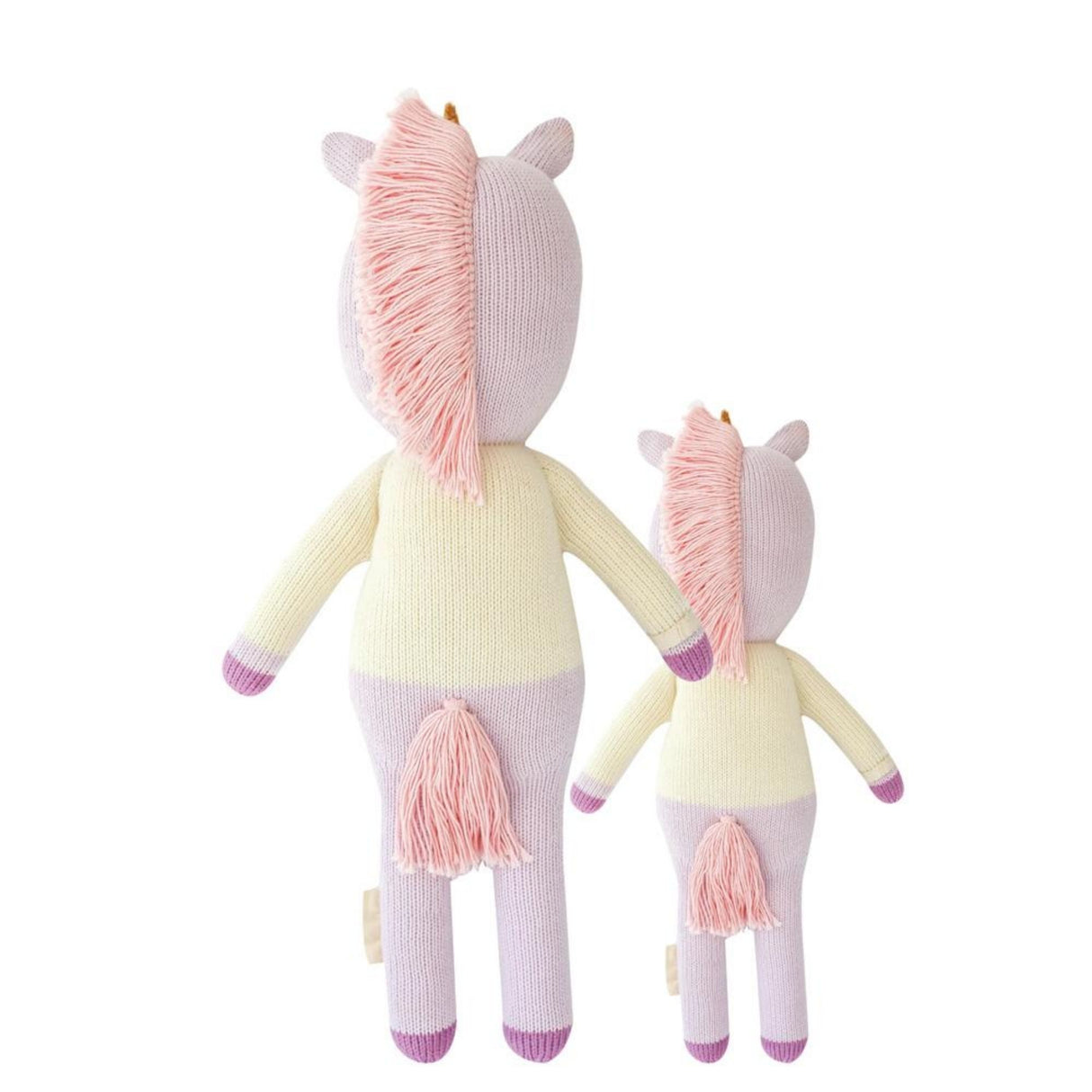 Two pink and yellow stuffed animal toys on a white background