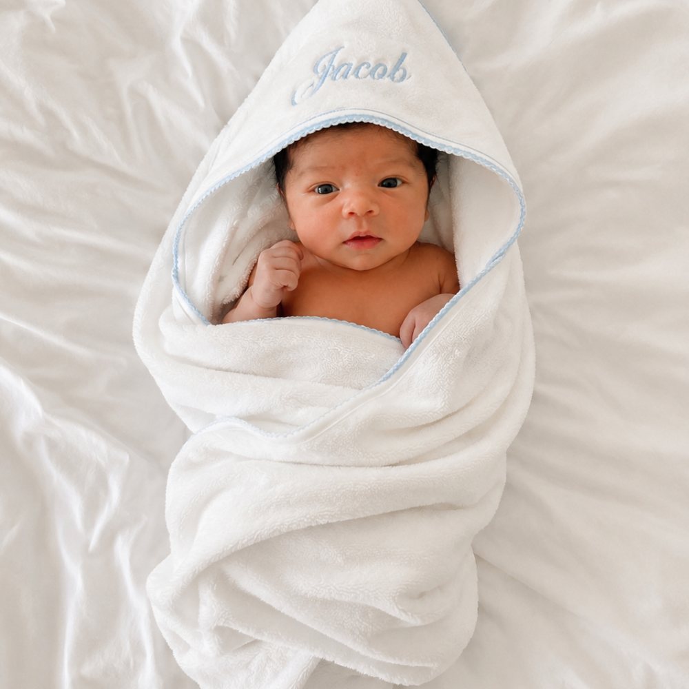 Terry/Picot Baby Towel + Wash Set in Light Blue
