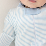 a baby wearing Classic Stripe Zipper Romper in Light Blue details 2