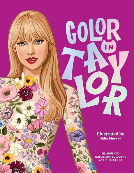 Coloring book cover with Taylor Swift illustration and floral design on a purple background