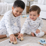 Two children playing with wooden toys on a carpeted floor.