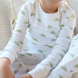 Child wearing a long-sleeve shirt with green dinosaur pattern on a neutral background