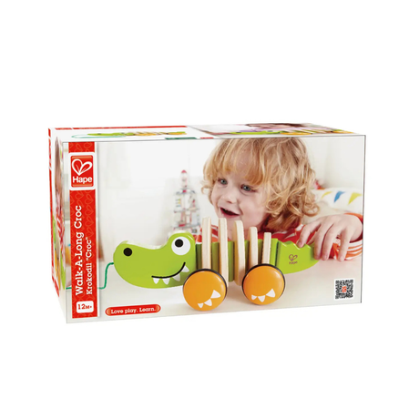 Hape toy packaging with a child and toy illustration on a white background