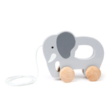 Gray elephant-shaped toy with wooden wheels on a white background