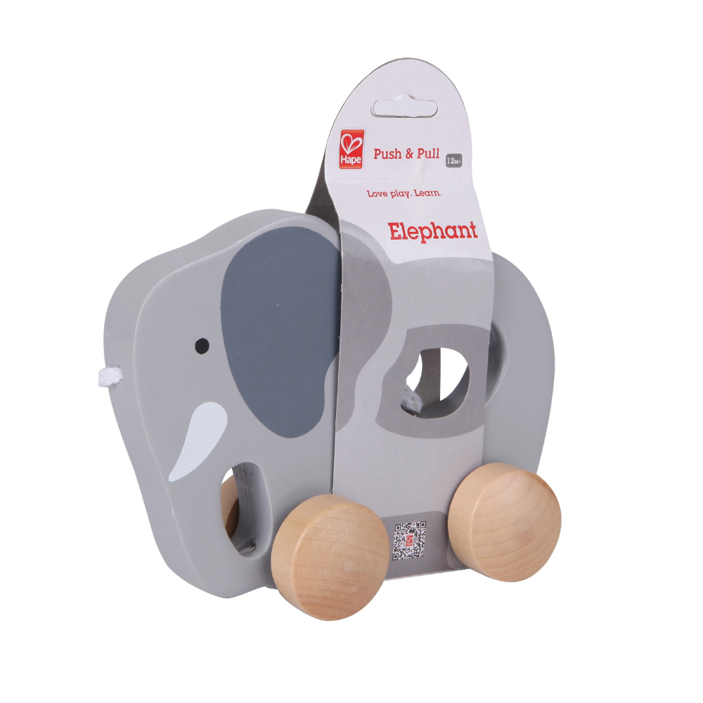 Wooden elephant push and pull toy with packaging on a white background