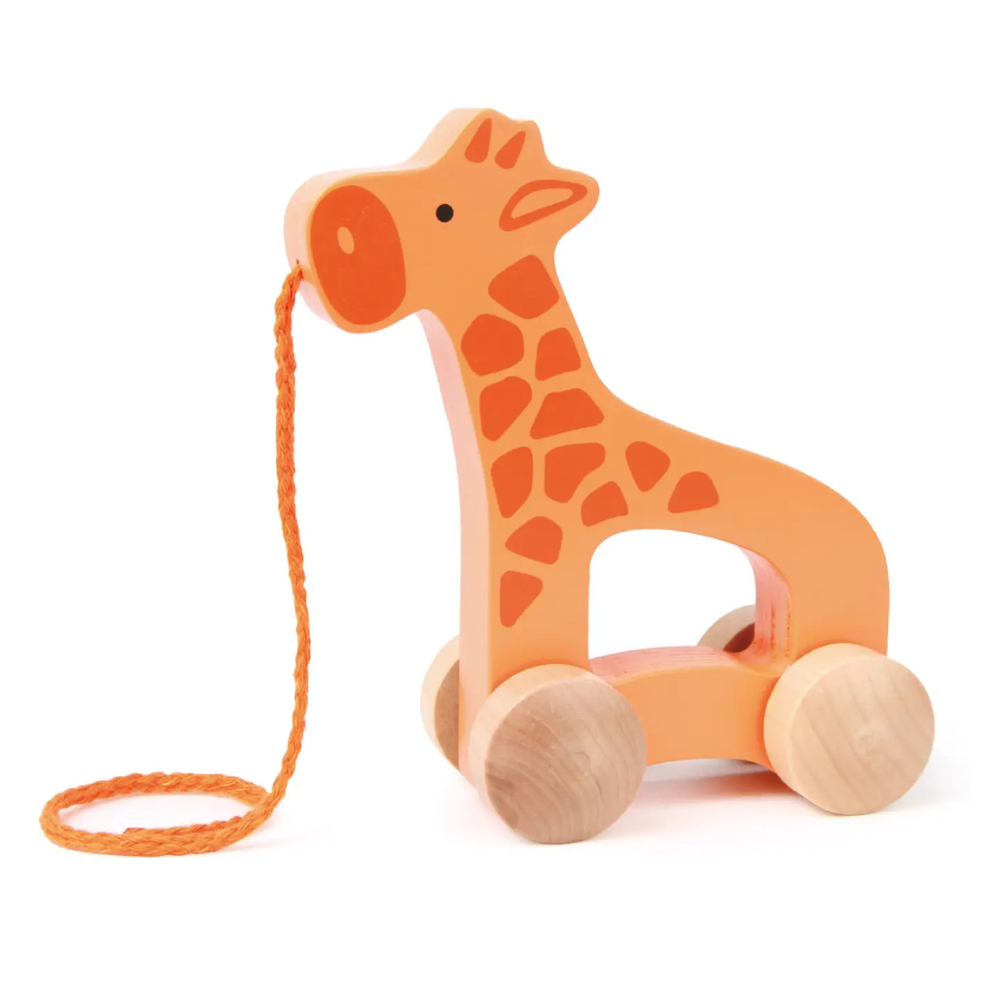 Wooden giraffe pull toy with wheels on a white background