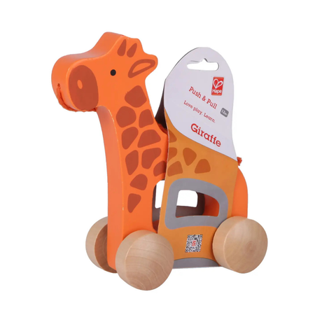 Wooden giraffe push and pull toy with wheels on a white background