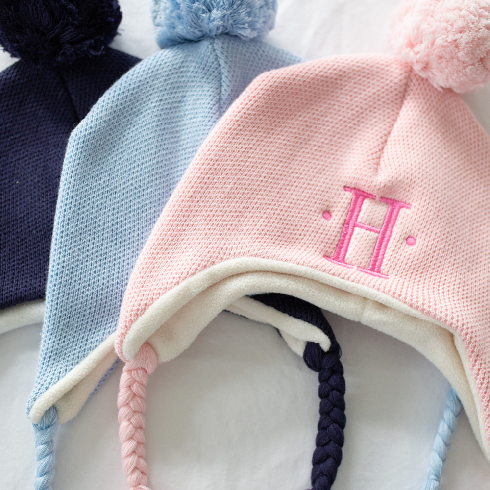 Knit Pom Pom Hat in Light Blue