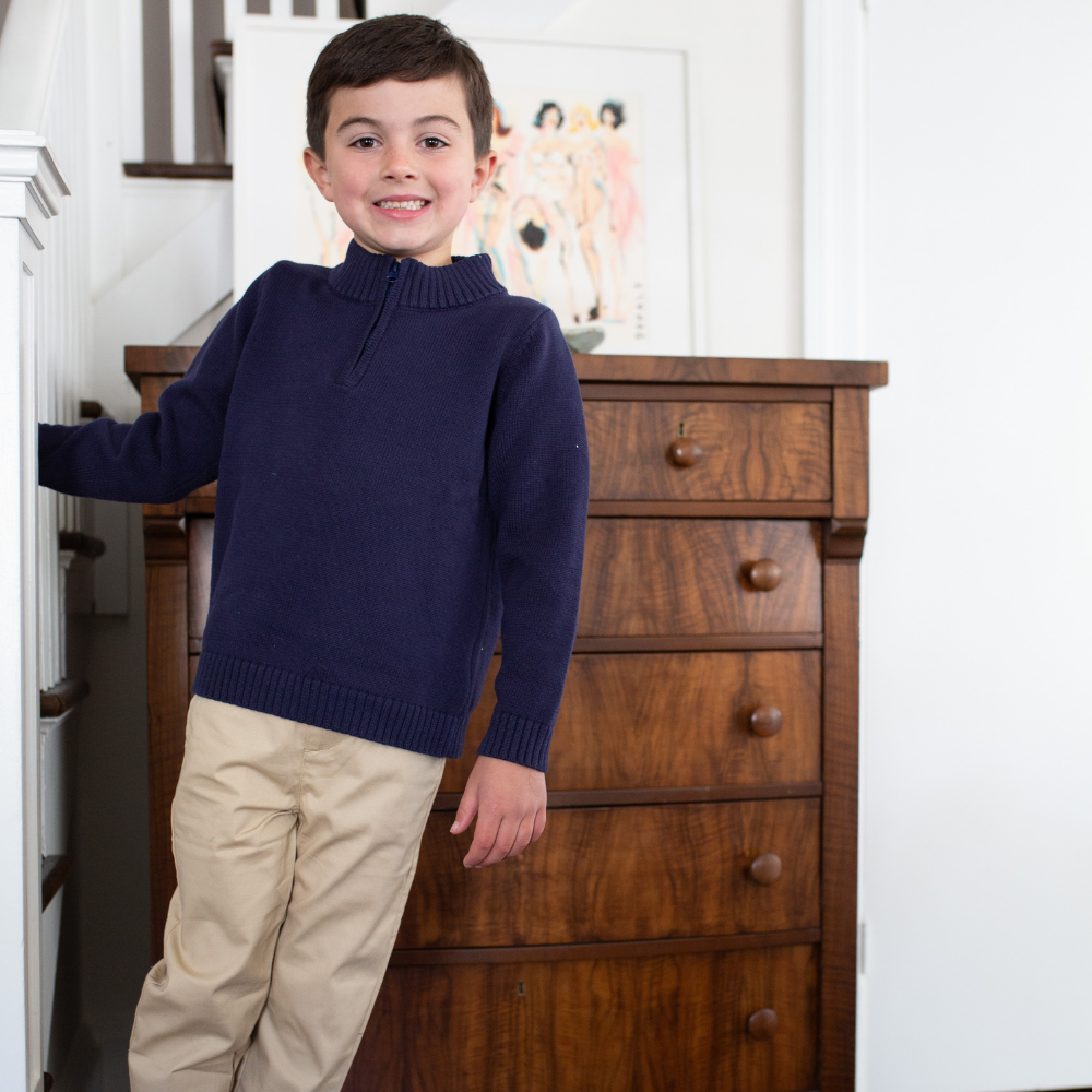 Knit Quarter-Zip Cotton Sweater in Navy