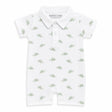 White baby romper with green pattern and 'Sammy & Nat' branding on a white background in pima summer romper
