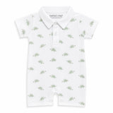White baby romper with green pattern and 'Sammy & Nat' branding on a white background in pima summer romper