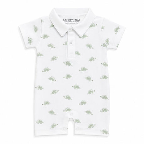 White baby romper with green pattern and 'Sammy & Nat' branding on a white background in pima summer romper
