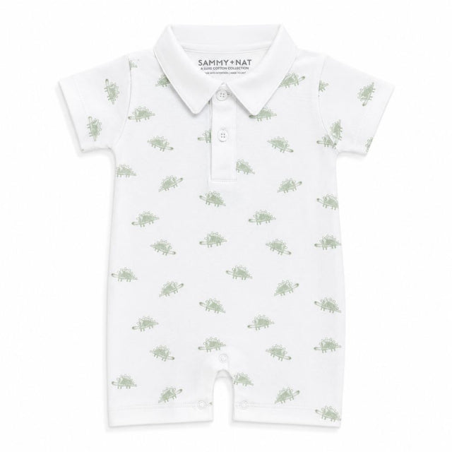 White baby romper with green pattern and 'Sammy & Nat' branding on a white background in pima summer romper