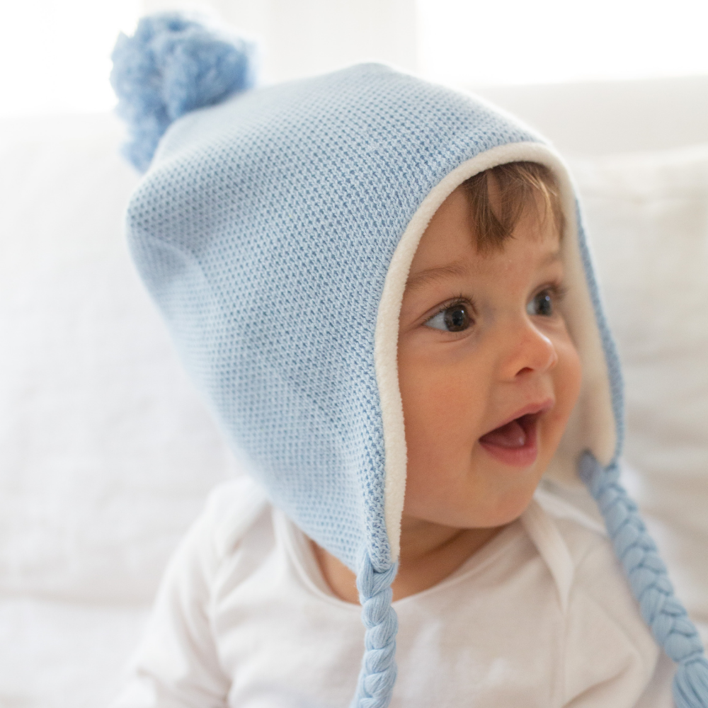 Knit Pom Pom Hat in Light Blue