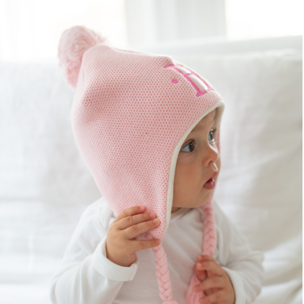 Knit Pom Pom Hat in Light Pink