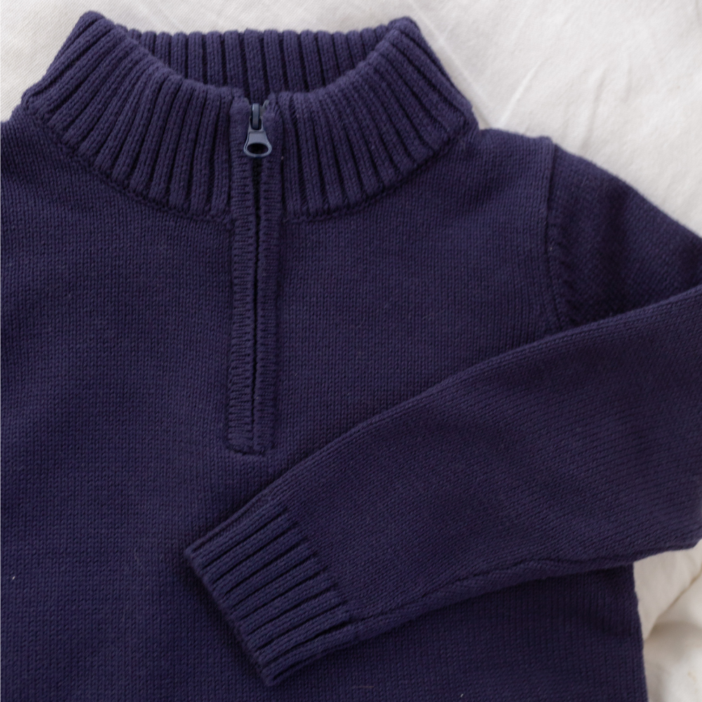 Knit Quarter-Zip Cotton Sweater in Navy