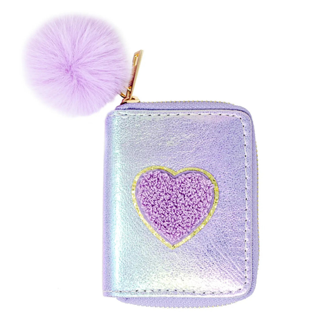 Purple pouch with a heart design and fluffy pom-pom on a white background
