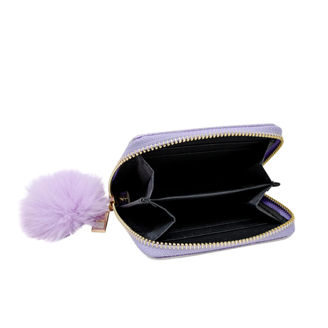 Purple wallet with a pom-pom on a white background