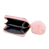 Pink pouch with a gold zipper and pink pom-pom on a white background