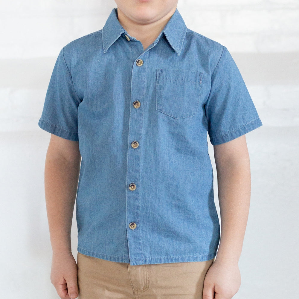 boy wearing chambray denim short sleeve button down shirt