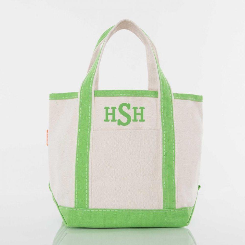 green tote with. monogram