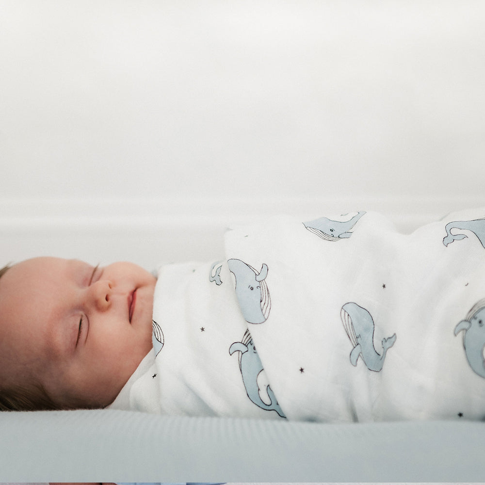 a baby wrap in Organic Whale Muslin Swaddle in Blue