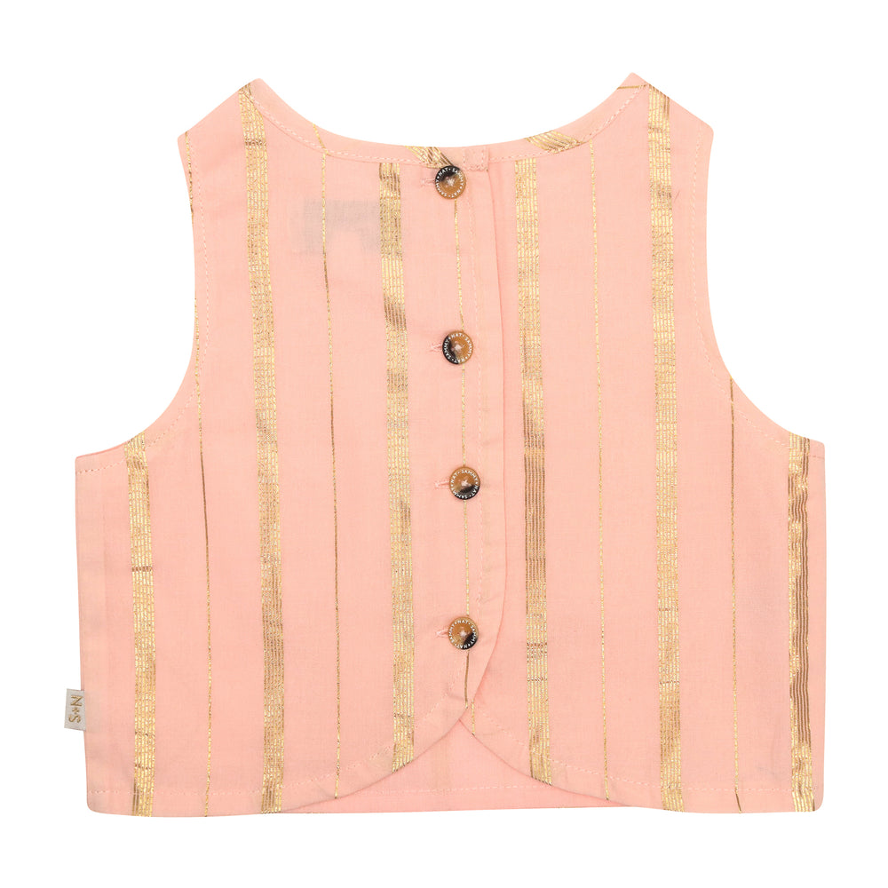 back of pink sleeveless top with gold stripe