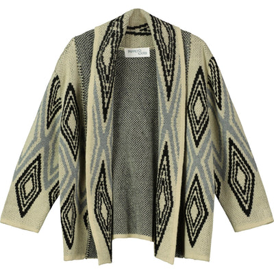 Chunky Knit Cardigan in Beige with Black and Grey