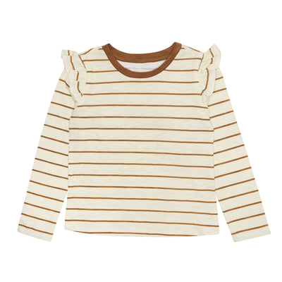 brown striped ruffle shoulder long sleeve top