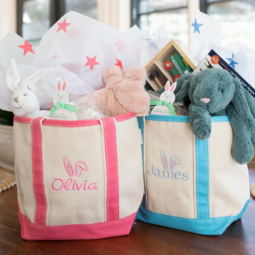 pink and blue totes with bunnies