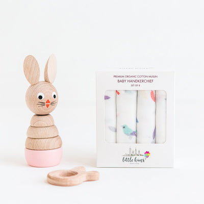 bunnies toy with bird handkerchief